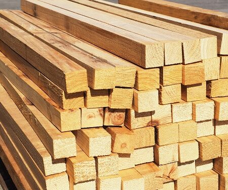 Pile of plantation grown dressed pine for industrial packaging, stacked in a timber yard in Melbourne
